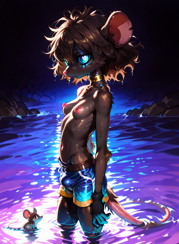 breasts bulge cave choker clothing dark_brown_fur glowing glowing_eyes gynomorph intersex jewelry male mouse_ears mouse_tail necklace nipples solo swimwear tail water diltoid25 timothy_(diltoid25) mammal mouse murid murine rodent