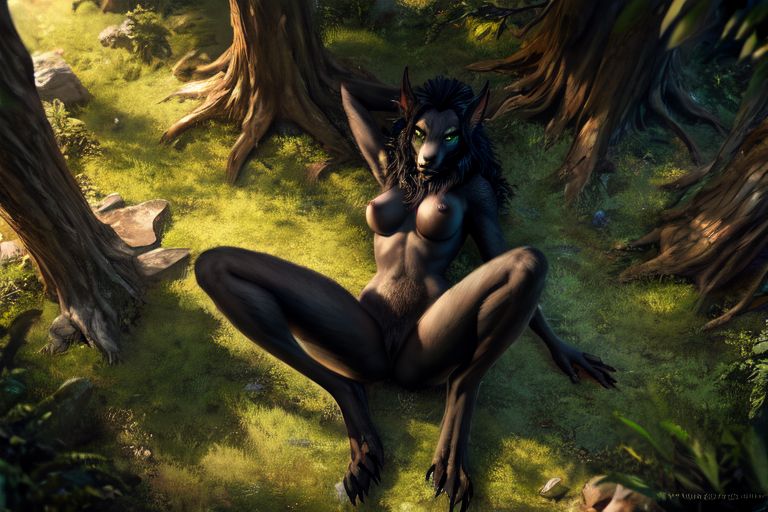 anthro big_breasts black_body black_fur blizzard_entertainment breasts female forest fur genitals green_eyes laying lying on_back outside plant pussy relaxing solo tree warcraft world_of_warcraft kauket kauket_blackmoore canid canine mammal were werecanid werecanine worgen