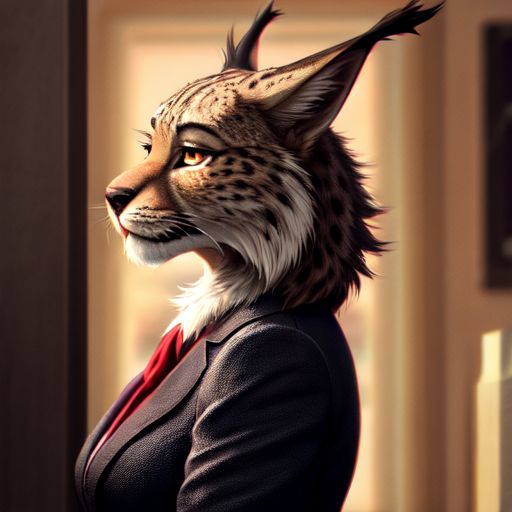 anthro clothed clothing ear_tuft female inner_ear_fluff office office_clothing photo photorealism photorealistic side_view smile solo tuft dimot felid feline lynx mammal portrait