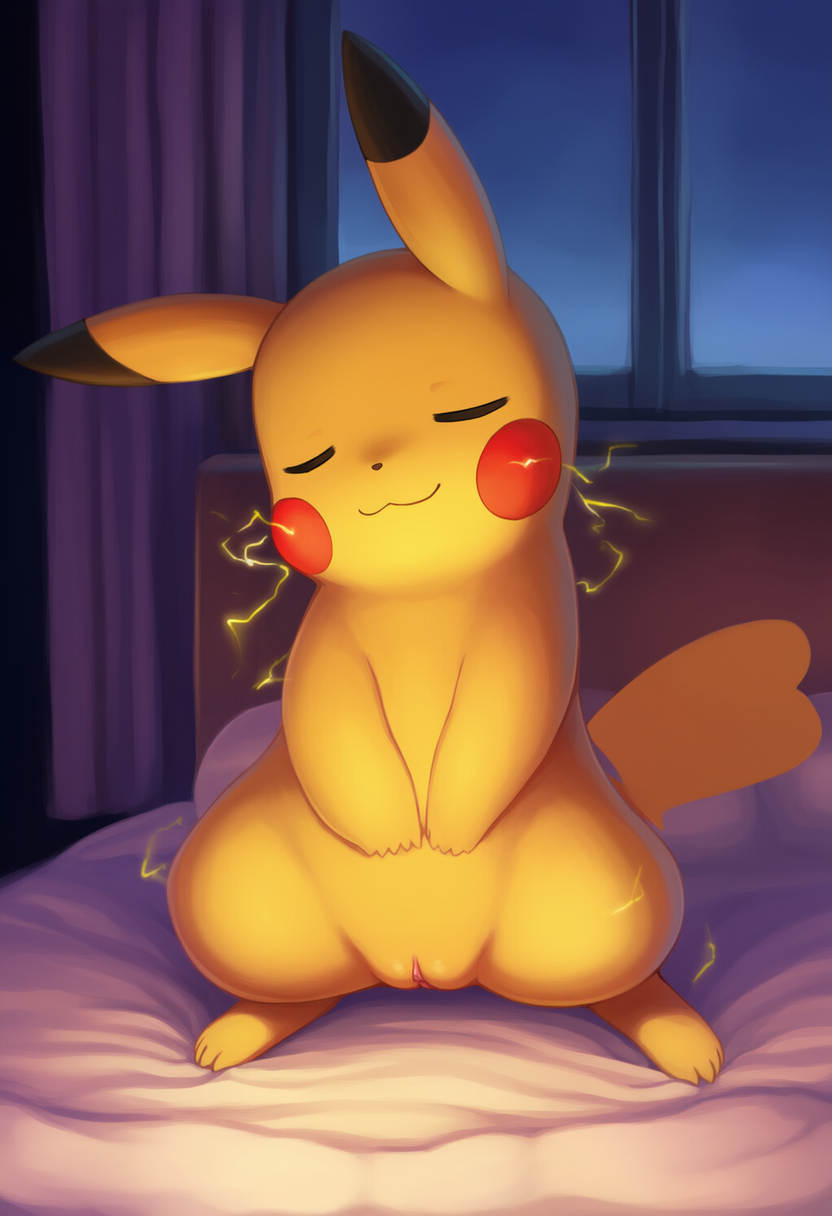 4_toes animal_genitalia bed closed_smile curtains_open electricity eyes_closed feet female feral fur furniture genitals hands_on_belly on_bed one_ear_up pussy sleeping solo standing standing_sleep toes window yellow_body yellow_fur jomisa nintendo pokemon generation_1_pokemon pikachu pokemon_(species) hi_res