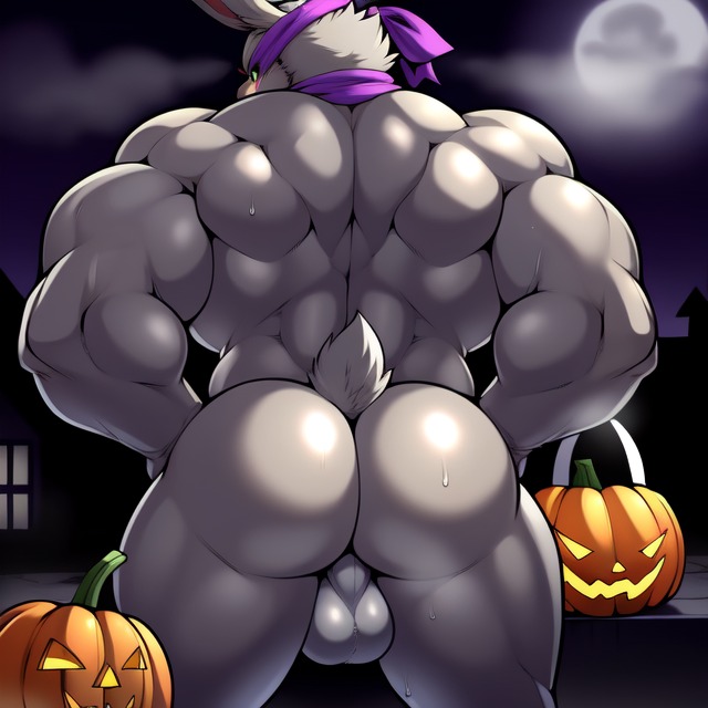 anthro balls bara bodily_fluids butt erection frosting.ai fur genitals grey_body grey_fur halloween humanoid_genitalia humanoid_penis jack-o'-lantern male muscular muscular_male penis rear_view solo candougie brutal_paws_of_fury kung-fu_bunny lagomorph leporid mammal rabbit