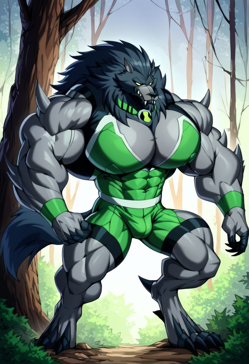 anthro ben_10 big_muscles bulge clothing forest fur green_clothing green_eyes grey_body grey_fur huge_muscles male muscular muscular_anthro muscular_male outdoors outside plant pony_diffusion_(model) solo tree malachiteai alien canid canine canis loboan mammal were werecanid werecanine werewolf wolf hi_res