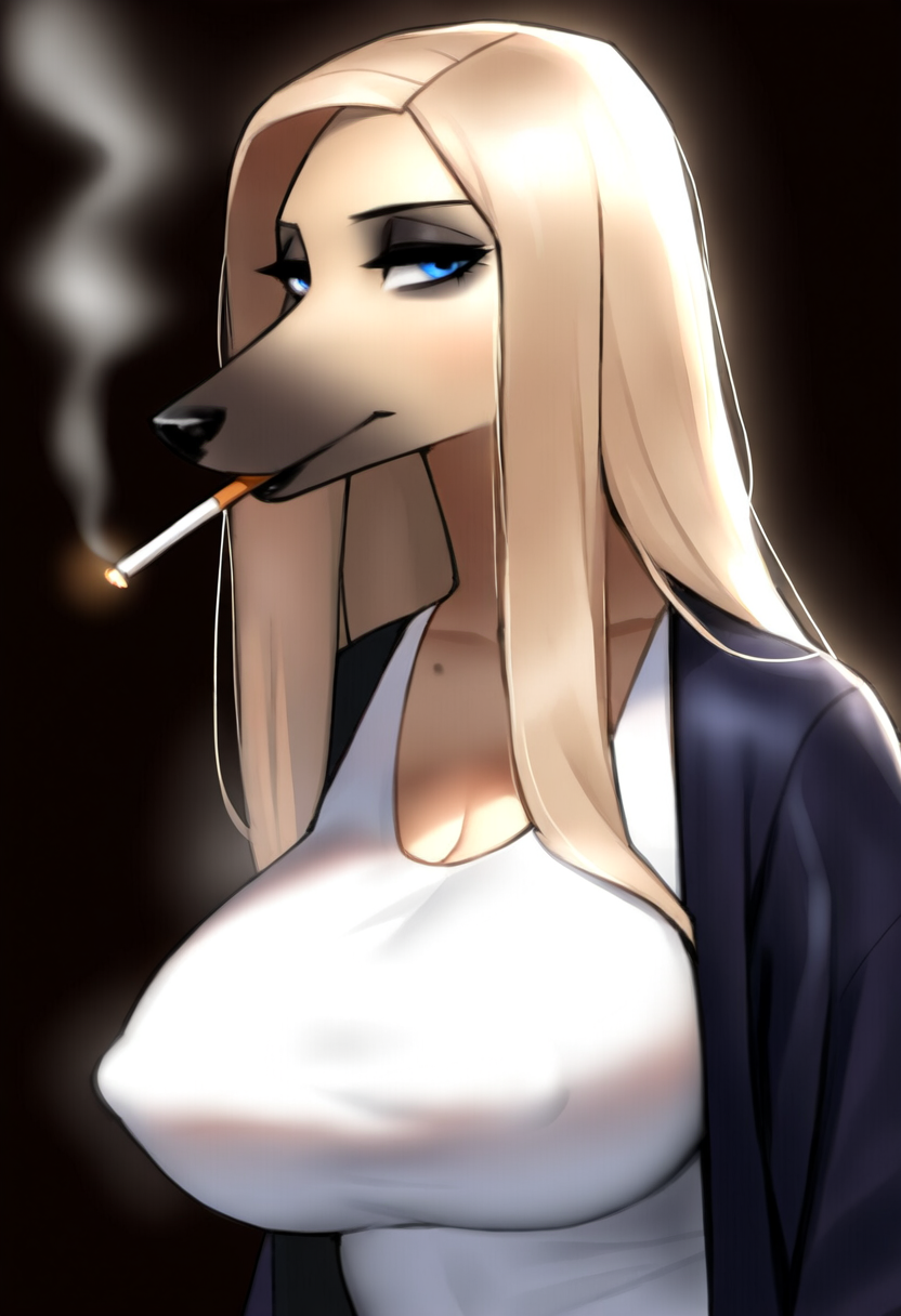 anthro blonde_hair blue_eyes breasts cigarette cleavage clothed clothing erect_nipples eyeshadow female fur hair large_breasts long_hair looking_at_viewer makeup mature_female nipple_outline nipples smoking solo yellow_body yellow_fur majorfluffy_(director) afghan_hound canid canine canis domestic_dog hunting_dog mammal sighthound hi_res