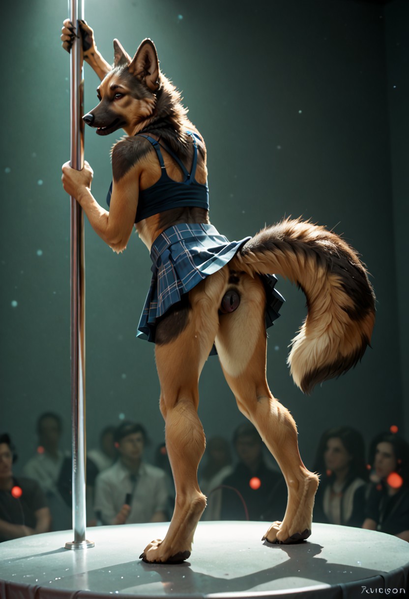 animal_genitalia animal_pussy anthro bottomwear canine_pussy clothed clothing clothing_lift dancing female genitals pole pole_dancing pussy skirt skirt_lift solo red_(director) canid canine canis domestic_dog german_shepherd herding_dog mammal pastoral_dog attempted_signature hi_res