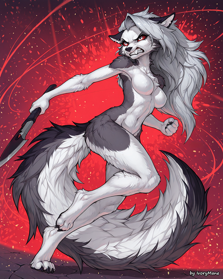 action_pose angry anthro breasts female fighting_pose fur hair holding_object long_hair long_tail motion_lines nude pose running solo tuft weapon ivorymane loona_(helluva_boss) canid canid_demon canine canis demon hellhound mammal wolf watermark