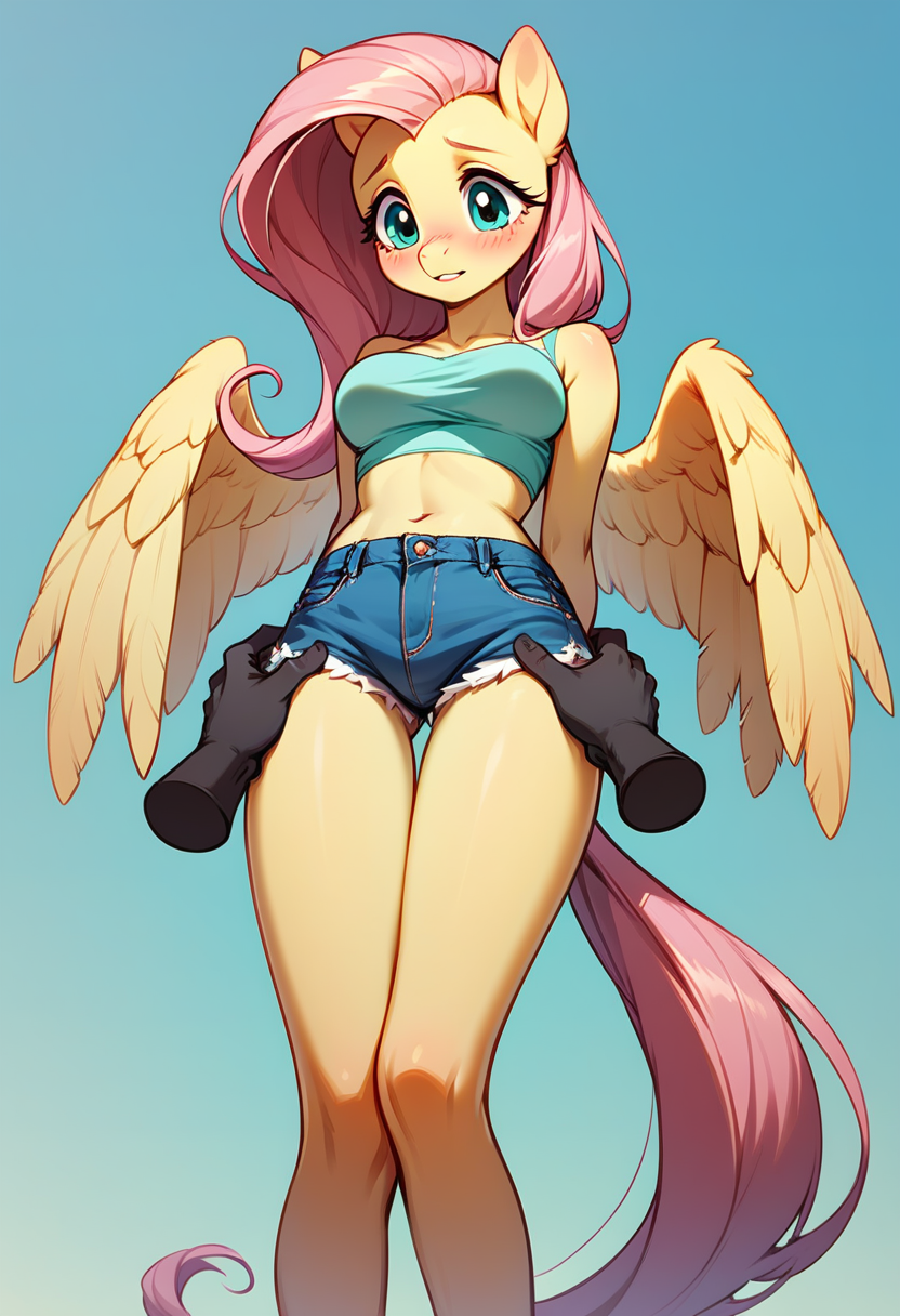 anthro blush bottomwear breasts clothing crop_top disembodied_hand duo female hand_on_leg hand_on_thigh hotpants long_legs low-angle_view male medium_breasts shirt shorts standing topwear foxlover7796 fluttershy_(mlp) equid equine horse mammal pony hi_res