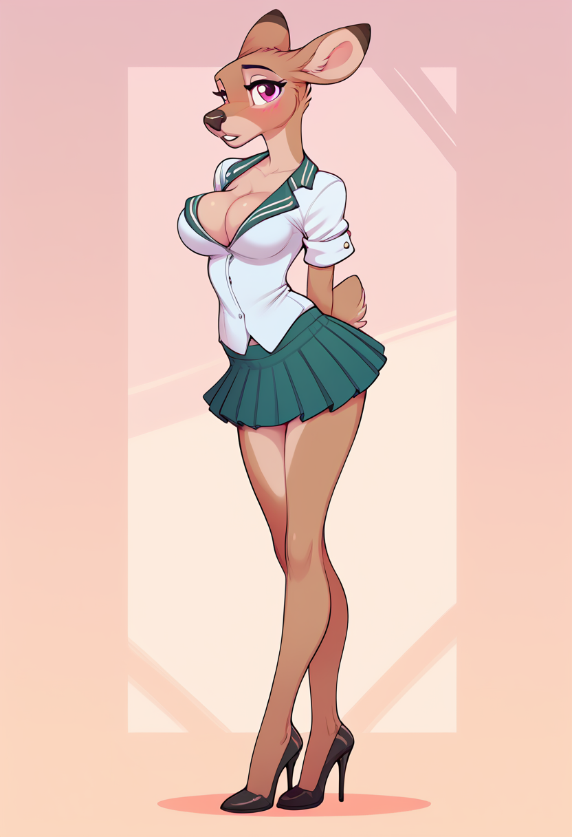 anthro bottomwear clothing female footwear high_heels looking_at_viewer miniskirt school_uniform skirt solo standing uniform foxlover7796 fan_character loimu cervid mammal hi_res