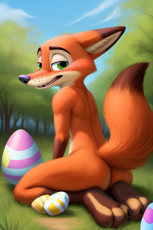 anthro butt disney easter_egg egg forest forest_background fur green_eyes kneeling looking_at_viewer looking_back male nature nature_background nude on_knees plant presenting raised_tail smile smiling_at_viewer solo tree zootopia angry_puppy nick_wilde canid canine canis fox mammal