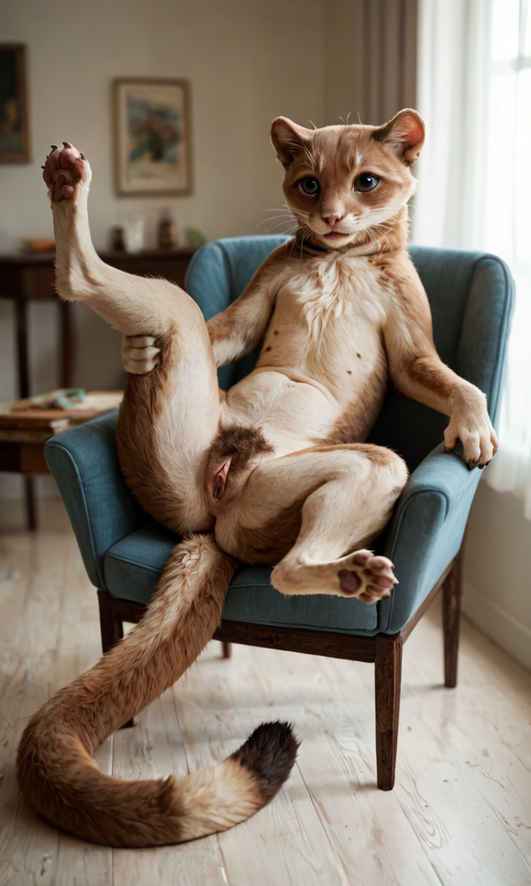 anthro chair ears_up female furniture inside legs_up long_tail looking_at_viewer on_chair pawpads sitting sitting_on_chair solo spread_legs spreading animalshenmi domestic_cat felid feline felis mammal hi_res