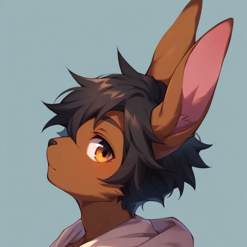 aroused black_hair brown_body brown_eyes brown_fur close-up clothing fur hair hoodie looking_at_viewer male messy_hair short_hair simple_background solo solo_focus topwear y3rg lagomorph leporid mammal rabbit 2025 portrait