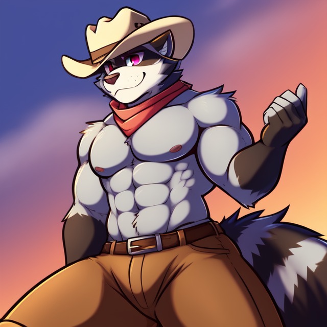 animatronic_male anthro bandanna belt bottomwear clothing cowboy cowboy_hat five_nights_at_freddy's frosting.ai fur grey_body grey_fur hat headgear headwear kerchief machine male male_focus muscular muscular_male pants pink_eyes smile solo solo_focus candougie those_nights_at_rachel's ray_(tnar) animatronic mammal procyonid raccoon robot