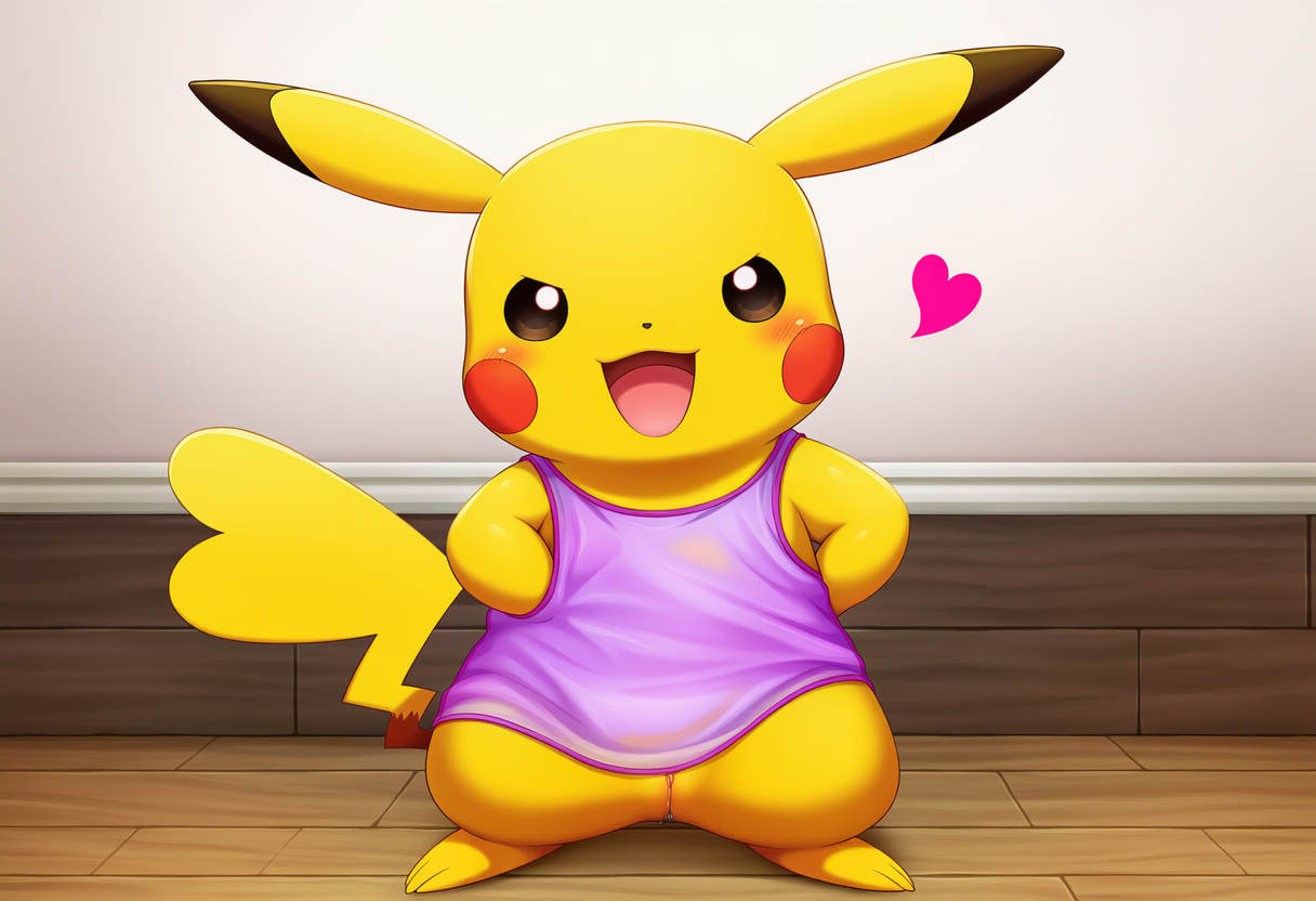animal_genitalia blush bottomless clothed clothing female feral front_view fur genitals hand_on_hip heart_symbol living_room looking_at_viewer open_mouth open_smile pussy shirt smile solo standing tail tank_top tongue topwear translucent translucent_clothing white_wall wood_floor yellow_body yellow_fur jomisa nintendo pokemon generation_1_pokemon pikachu pokemon_(species)