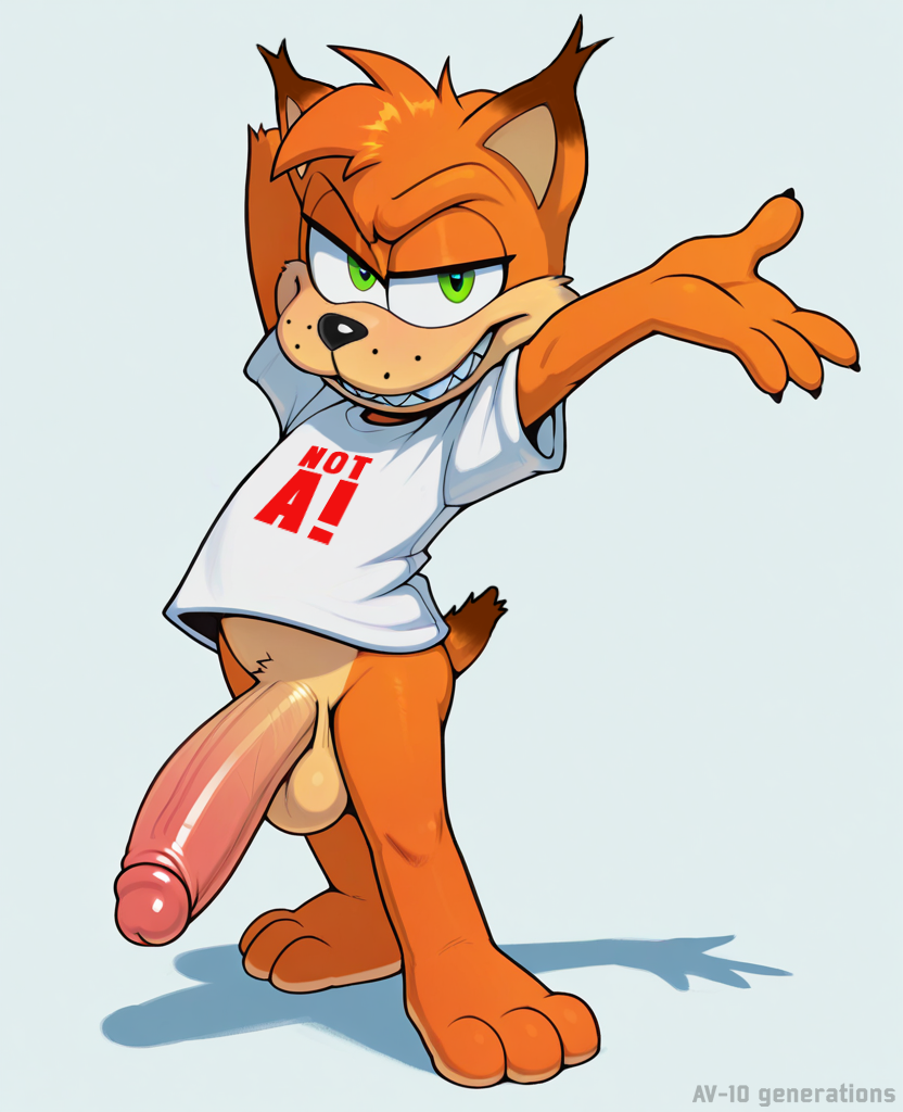 anthro balls clothing genitals green_eyes humanoid_genitalia humanoid_penis long_penis looking_at_viewer male penis pose presenting sharp_teeth shirt simple_background solo standing teeth topwear av-10 bubsy bobcat felid feline lynx mammal