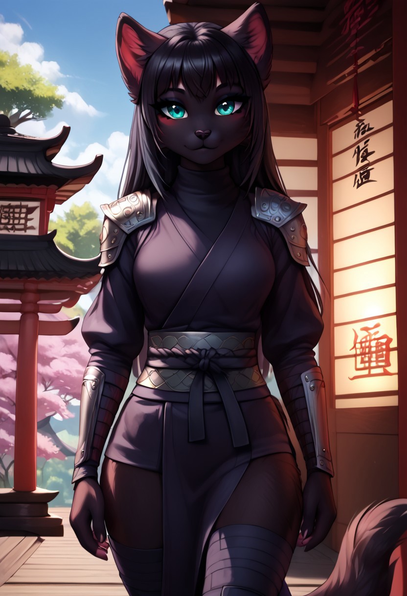 anthro asian_clothing black_body black_fur black_hair black_nose cherry_blossom cherry_blossom_tree cherry_tree clothing east_asian_clothing female fruit_tree fur green_eyes hair haori japanese_architecture japanese_clothing long_hair ninja obi plant shoulder_armor solo tree warrior technical_monkey domestic_cat felid feline felis mammal hi_res