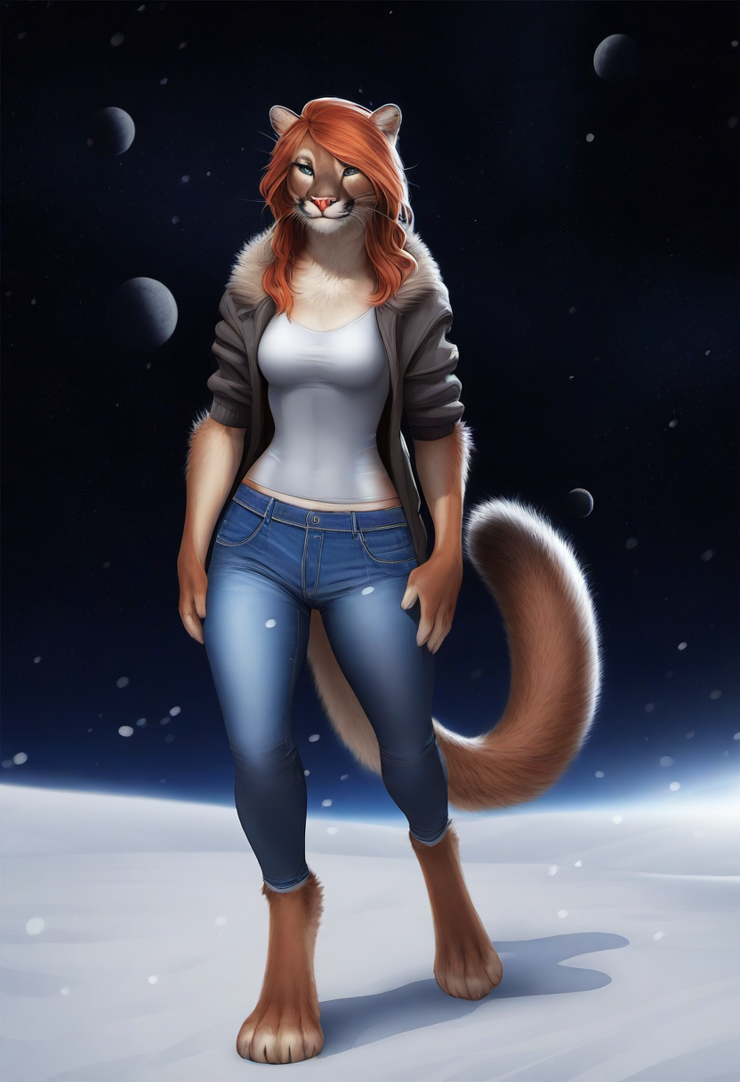 4_toes ai_tagging_(redrocket) anthro barefoot biped blue_eyes bottomwear breasts brown_body brown_fur clothed clothing denim denim_bottomwear denim_clothing digitigrade feet female fingers fur hair jacket jeans looking_at_viewer moon night outside pants pink_nose red_hair shirt smile snow solo space standing star tail tan_body tan_fur toes topwear walking whiskers white_clothing white_topwear director_crashbandit cougar felid feline mammal pantherine digital_media_(artwork) hi_res novelai