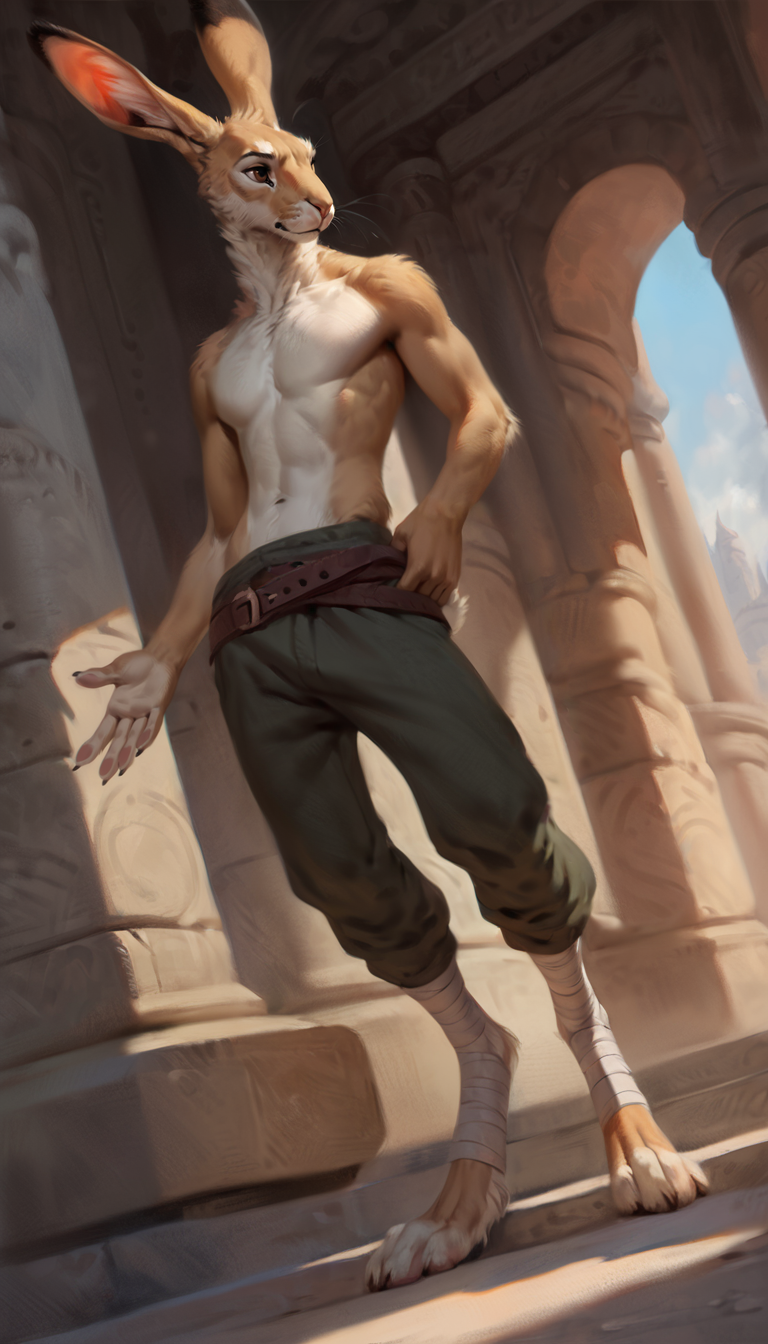 anthro athletic athletic_male belt bottomwear brown_eyes clothed clothing digitigrade dutch_angle foot_wraps fur male pants solo standing tan_body tan_fur topless wraps degenstoic turner_(lugaru) hare lagomorph leporid mammal hi_res