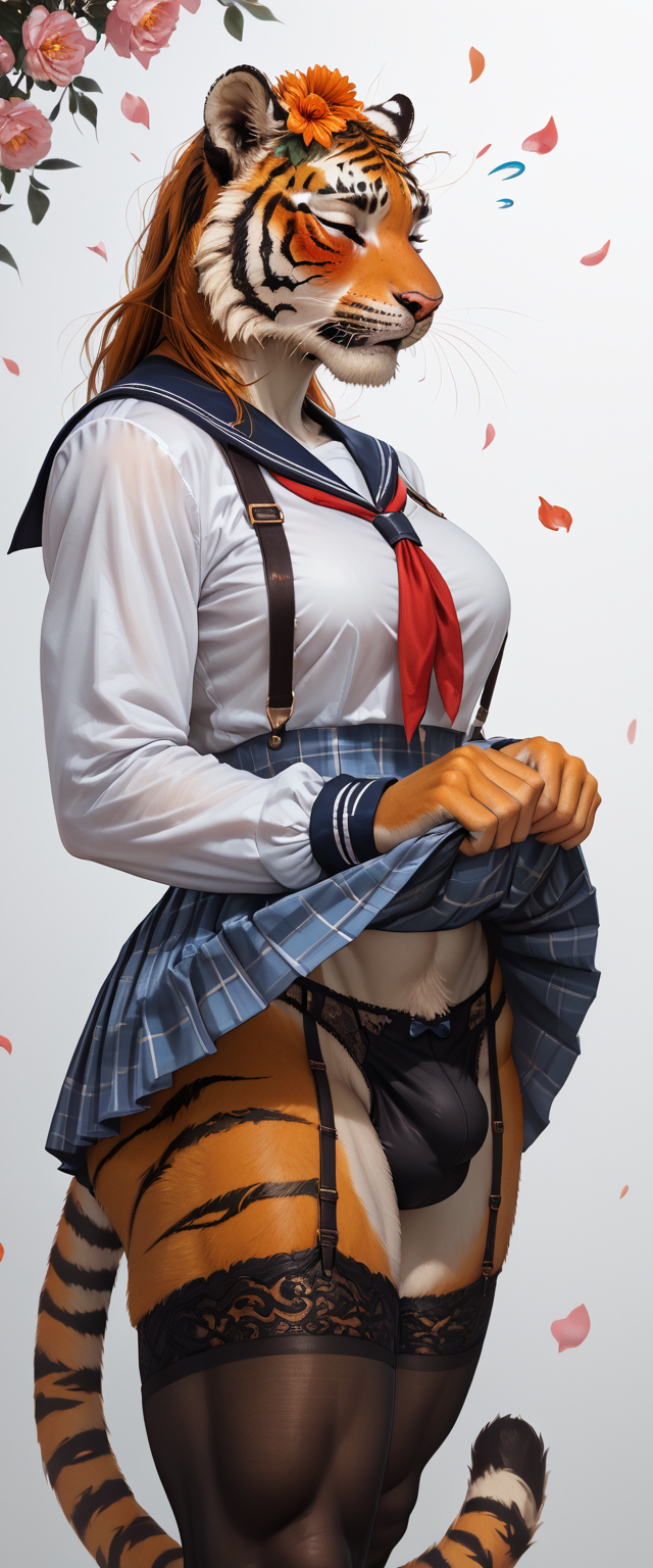 anthro blush bodily_fluids breasts bulge cherry_blossom cherry_blossom_tree cherry_tree clothed clothing embarrassed fruit_tree gynomorph intersex muscular necktie plant red_necktie school_uniform solo sweat tree uniform redstallion_(director) felid mammal pantherine tiger hi_res