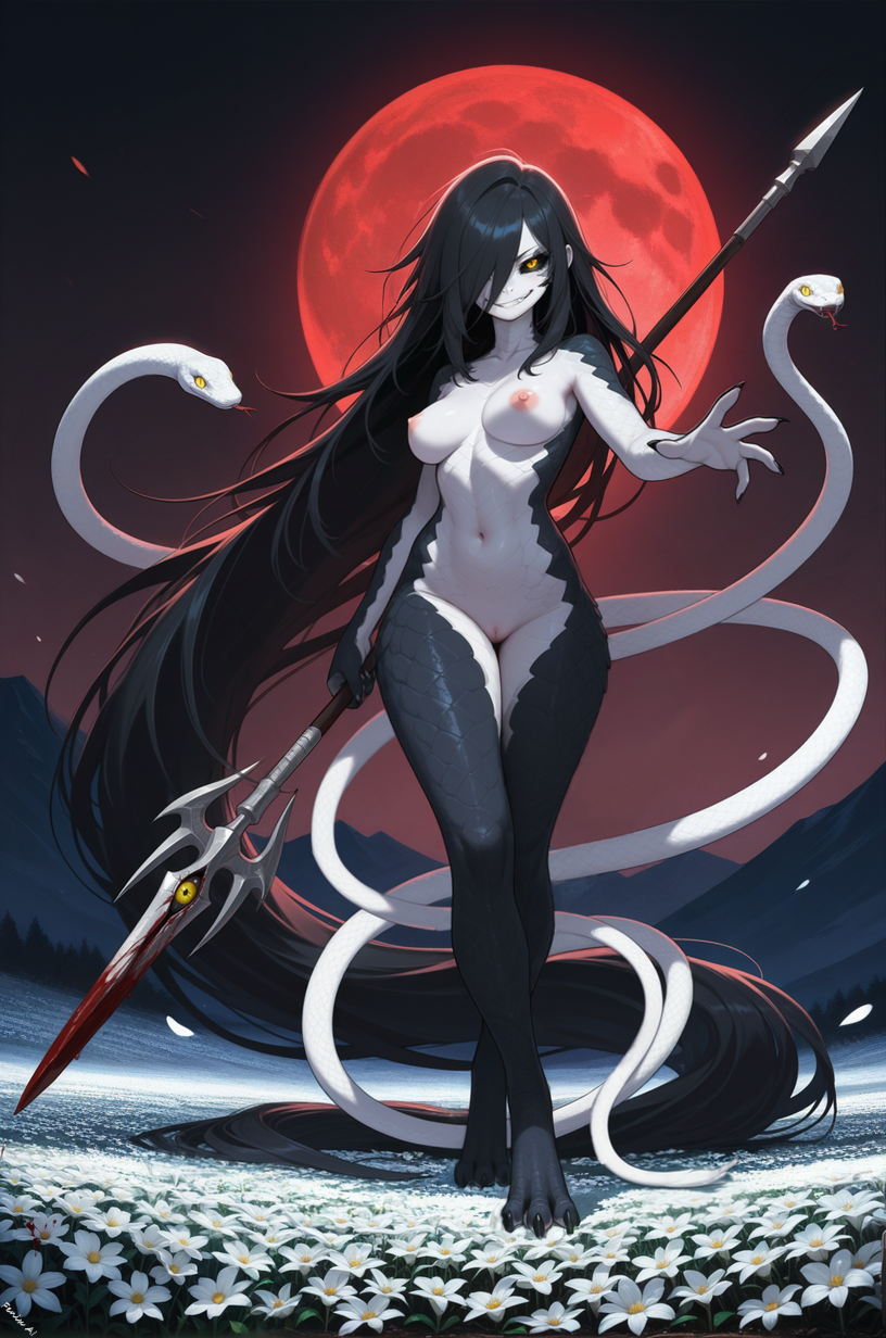 3_toes anthro black_body black_hair black_nails black_scales black_sclera blood blood_moon bodily_fluids breasts colored_nails evil_grin fangs feet female field flower forked_tongue genitals hair hair_over_one_eye holding_object holding_weapon living_tail long_hair looking_at_viewer medium_breasts melee_weapon mountains nails navel nipples plant polearm pupils pussy reaching_towards_viewer scales slit_pupils smile snake_tail solo spear toes tongue unusual_anatomy unusual_tail weapon white_body white_scales yellow_eyes fenix_ai animate_inanimate living_weapon reptile scalie snake hi_res