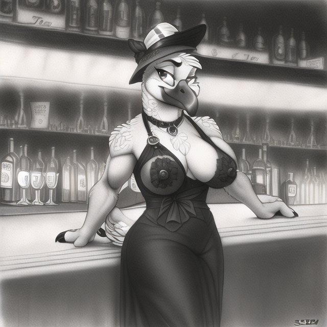 1920s alcohol anthro beak bedroom_eyes beverage black_beak black_clothing black_dress breasts chest_tuft cleavage cleavage_overflow clothed clothing collar dress female looking_at_viewer muscular muscular_female narrowed_eyes nipples non-mammal_nipples pose seductive skimpy smile solo standing sun_hat translucent translucent_clothing tuft lendri_mujina miriam_hayes avian bird emu ratite monochrome