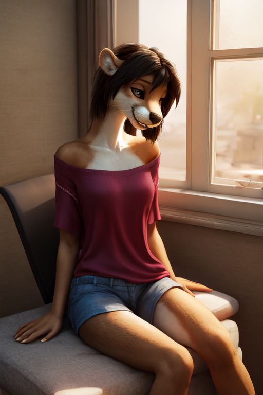 anthro baggy_clothing bedroom black_hair bottomwear brown_eyes clothing curtains dark_brown_fur female hair round_ears shorts sitting solo thinking_pose window hellapoc deni lutrine mammal mustelid