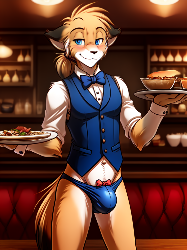 anthro biped blue_clothing blue_eyes blue_underwear blush bow_tie bulge clothed clothing container detailed_background food front_view fur furniture hair holding_object inside looking_at_viewer male orange_body orange_fur ponytail restaurant shirt smile solo standing thong topwear tray tuft underwear vest waiter white_body white_fur someannon twokinds mike_(twokinds) canid canine canis fox mammal