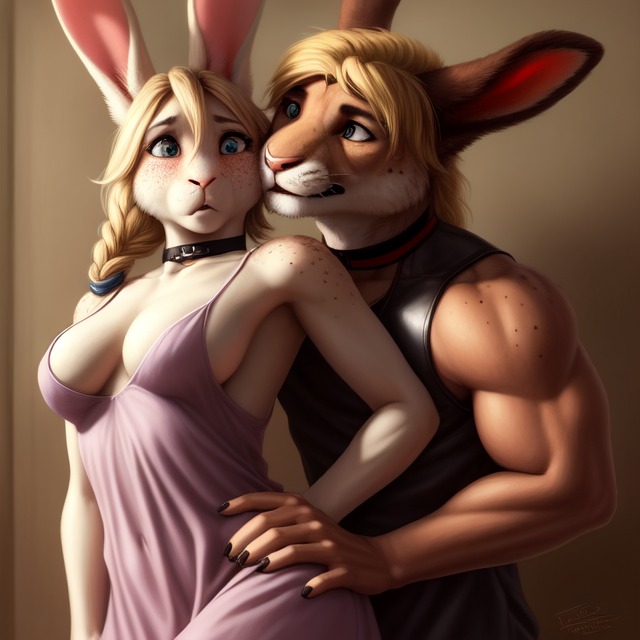 anthro breasts clothed clothing collar duo female hip_grab male male/female muscular muscular_male surprise lincsai hare lagomorph leporid mammal rabbit