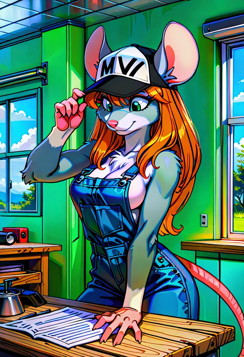 anthro baseball_cap breasts cleavage clothed clothing female fur furniture grey_body grey_fur hair hat headgear headwear inside long_hair orange_hair overalls sideboob solo table window carnivalecloudmuncher mammal mouse murid murine rodent hi_res