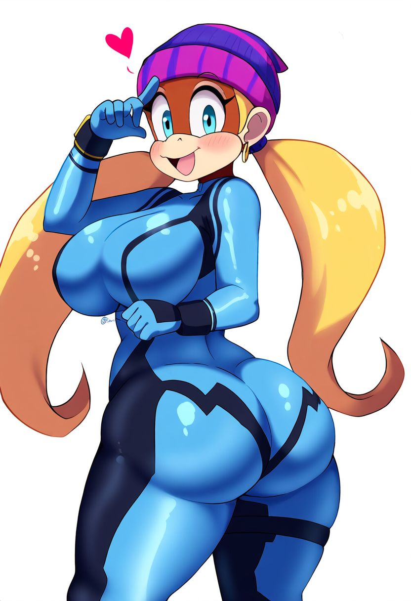 anthro beanie big_breasts blonde_hair blush blush_lines breasts brown_body brown_fur clothing ear_piercing ear_ring female fur hair hat headgear headwear nintendo piercing ring_piercing simple_background solo thick_thighs white_background zero_suit samus_aran tiny_kong ape gorilla haplorhine mammal primate hi_res