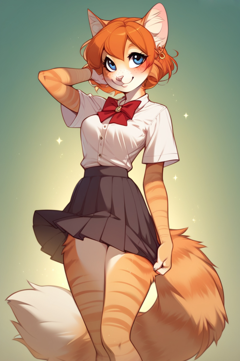 anthro bottomwear breasts clothing female long_tail medium_breasts miniskirt pose school_uniform skirt solo standing uniform foxlover7796 vera_(iskra) domestic_cat felid feline felis mammal hi_res