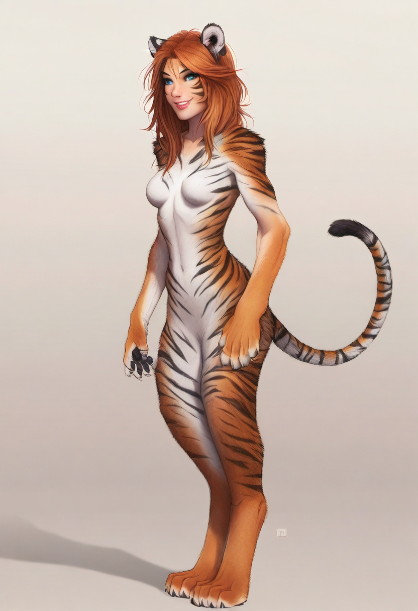 anthro digitigrade female hair half_human_half_tiger nude orange_hair smile solo standing stripes tasteful_nudity director_crashbandit animal_humanoid cat_humanoid felid felid_humanoid feline feline_humanoid humanoid mammal mammal_humanoid pantherine tiger hi_res novelai