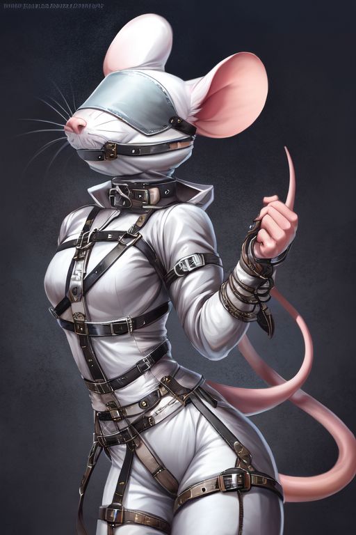 2024 anthro bdsm biped black_background blindfold bondage bound collar fur gag gagged pink_nose sensory_deprivation simple_background standing whiskers white_body white_fur anonymous_director mammal mouse murid murine rodent