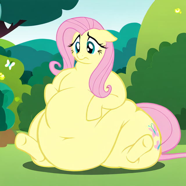 belly big_belly embarrassed female feral fur hair obese obese_feral overweight overweight_feral pink_hair sitting solo thick_thighs yellow_body yellow_fur my_little_pony fluttershy_(mlp) equid equine horse mammal pony