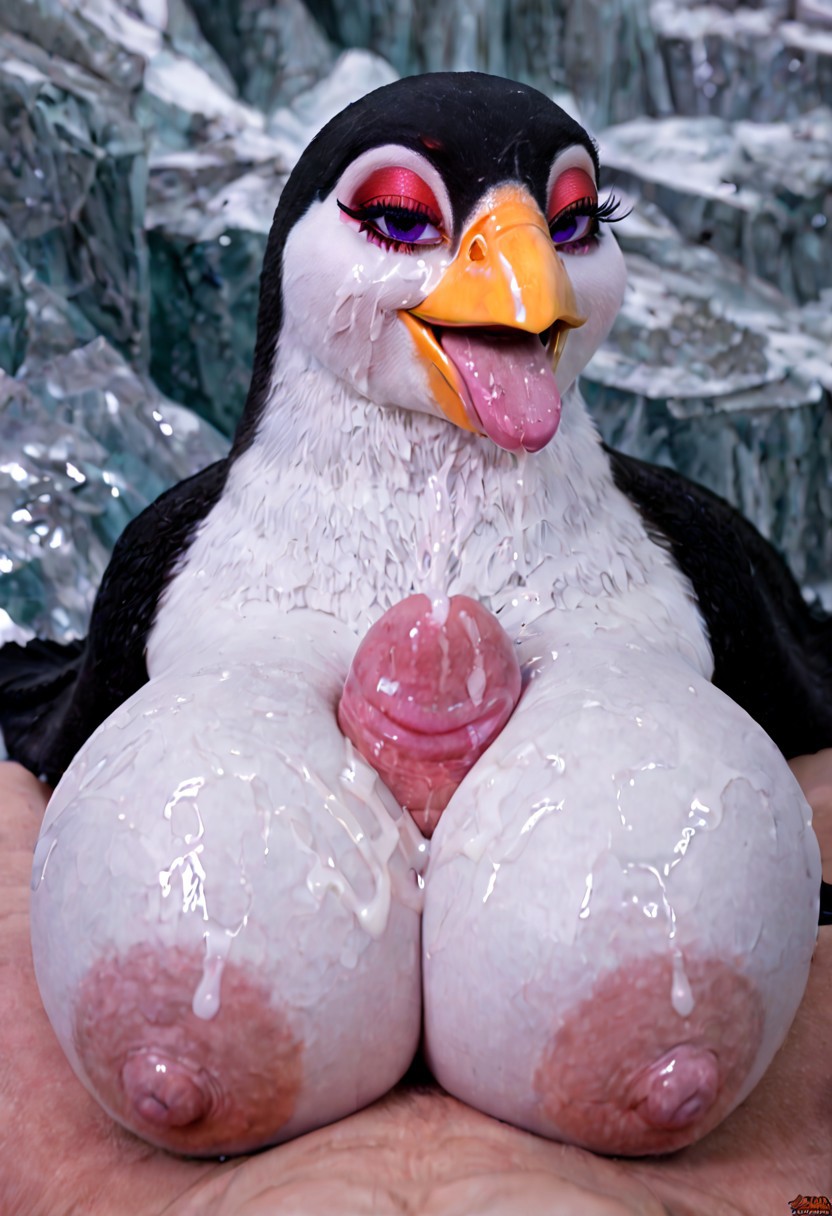 bedroom_eyes big_breasts black_body bodily_fluids breasts busty_feral detailed_background feathers female feral genitals huge_breasts hyper hyper_breasts looking_at_viewer narrowed_eyes nipples non-mammal_breasts nude penis photorealism seductive smile tail_feathers white_body sheep_fucker busty_bird avian bird penguin attempted_signature hi_res