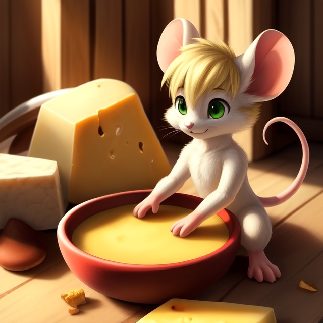 anthro blonde_hair bowl cheese container dairy_products eyebrows female food fur green_eyes hair light mouse_ears mouse_paws mouse_tail pink_nose short_hair solo thick_eyebrows white_body white_fur peche mammal mouse murid murine rodent invalid_tag