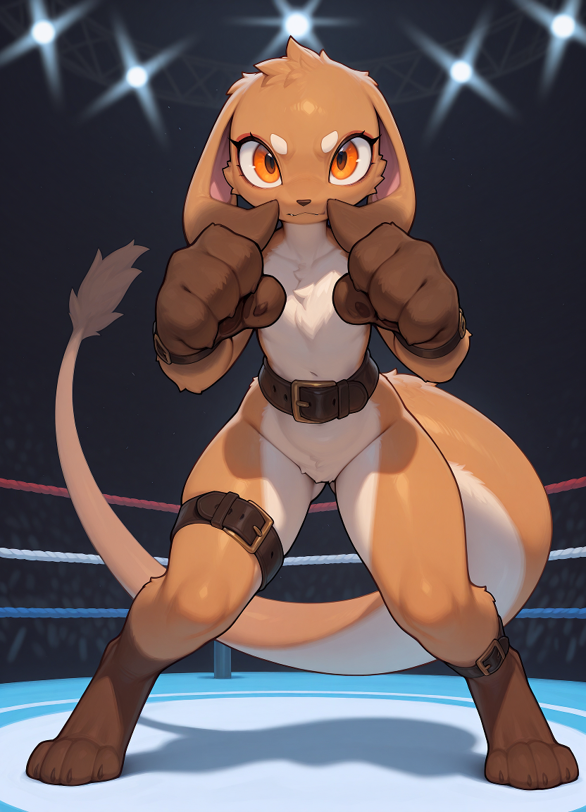 ambiguous_gender anthro belt big_hands fighting_pose fighting_ring fist looking_at_viewer pose solo tail_tuft tuft unusual_ears nonimousmate eeveelution hybrid kangaroo macropod mammal marsupial pokemon_(species)