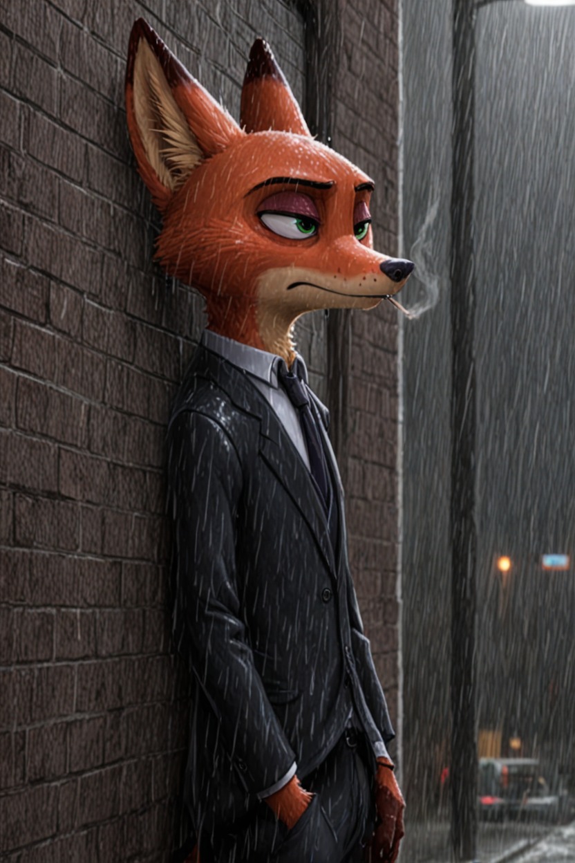 anthro cigarette cigarette_in_mouth clothing fur green_eyes hair hand_in_pocket leaning_on_wall looking_away male pockets sad serious_face smoking solo suit zootopia angry_puppy nick_wilde canid canine canis fox mammal hi_res