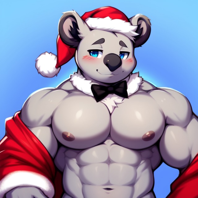 anthro bara blue_eyes christmas_clothing clothing frosting.ai fur grey_body grey_fur jewelry male muscular muscular_male necklace pecs red_bowtie solo the_return_to_freddy's candougie koly_(trtf) koala mammal marsupial vombatiform