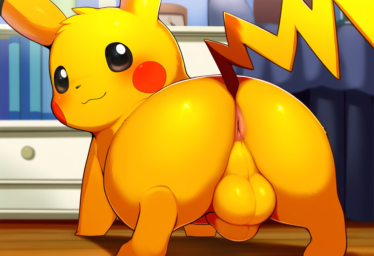 all_fours animal_genitalia anus balls blush butt feral fully_sheathed fur furniture genitals looking_at_viewer male on_ground presenting presenting_anus presenting_balls presenting_hindquarters presenting_sheath sheath smile solo yellow_body yellow_fur jomisa nintendo pokemon generation_1_pokemon pikachu pokemon_(species)
