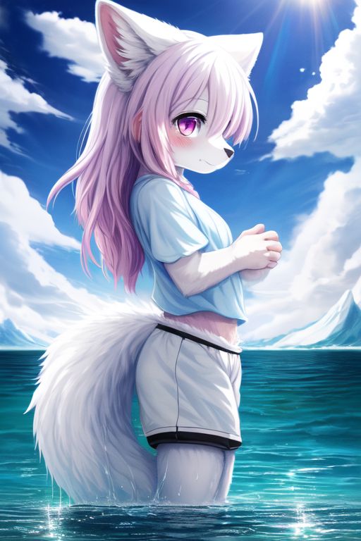 anthro bottomwear clothing cloud female fur hair inner_ear_fluff light looking_at_viewer pants pink_hair purple_eyes shirt shorts sky solo solo_focus sunlight t-shirt topwear tuft water wet wet_clothing nikfur unknown_director domestic_cat felid feline felis mammal tail