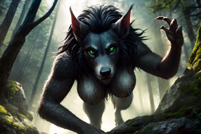 anthro big_breasts black_body black_fur blizzard_entertainment breasts female forest fur green_eyes looking_at_viewer low-angle_view outside plant solo tree warcraft world_of_warcraft kauket kauket_blackmoore canid canine mammal were werecanid werecanine worgen