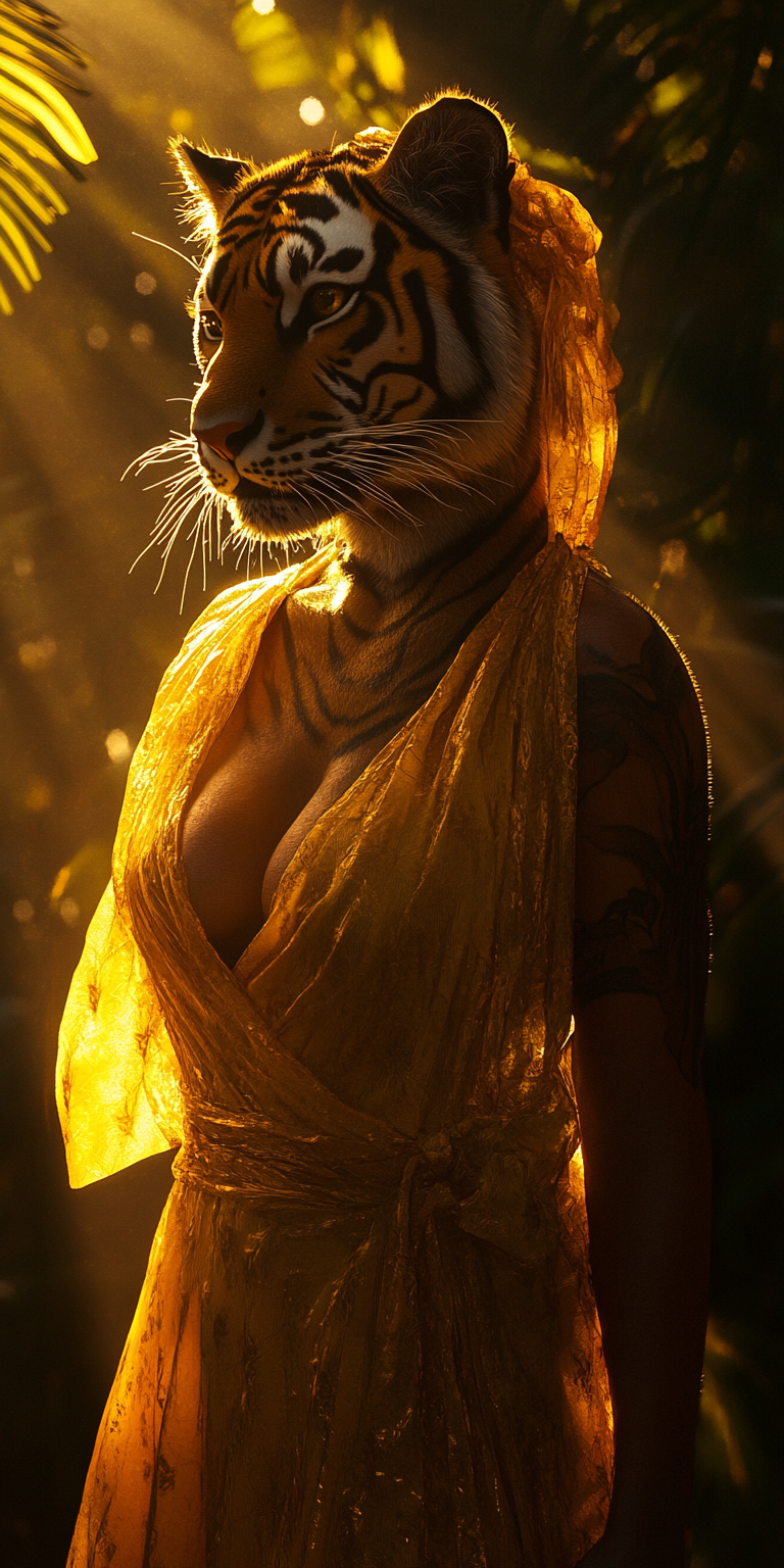 anthro breasts cleavage clothed clothing dress female forest gold_eyes jungle light photorealism plant sari silhouette solo solo_focus sundress sunlight tree bahufaru felid mammal pantherine tiger hi_res portrait