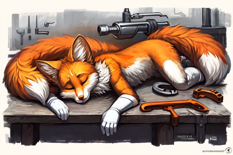 2_tails ambiguous_gender anthro clothing eyes_closed femboy fluffy fluffy_tail fur furniture gloves handwear lying multi_tail orange_body orange_fur sleeping solo tools white_clothing white_gloves white_handwear secretyiff miles_prower canid canine fox mammal attempted_signature