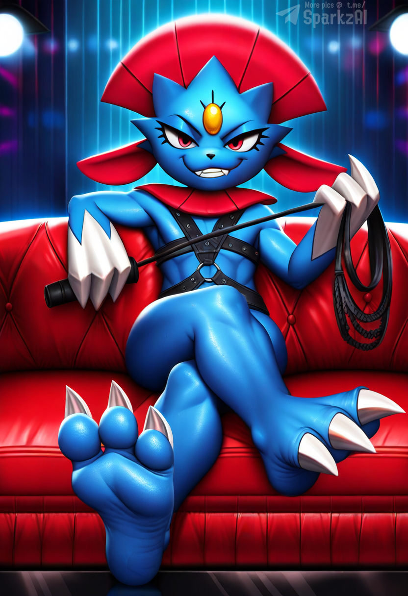 3_toes anthro barefoot biped blue_body claws clothing crossed_legs dominatrix fangs feet foot_focus furniture grin looking_at_viewer male paws red_eyes sitting smile smirk sofa soles solo teeth text toe_claws toes whip sergalbutt nintendo pokemon generation_4_pokemon pokemon_(species) weavile hi_res signature url