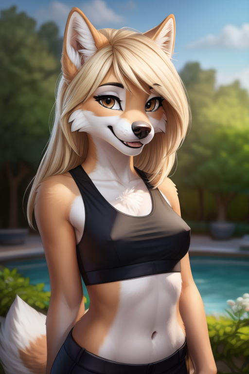 anthro athletic athletic_female big_breasts black_nose blond_hair bodily_fluids breasts clothing crop_top enjoying female fur hair inner_ear_fluff long_hair looking_at_viewer mountains multicolored_body multicolored_fur nipples shirt smile solo tan_body tan_fur tongue tongue_out topwear tuft two_tone_body two_tone_fur white_body white_fur yiff_ai canid canine canis mammal wolf