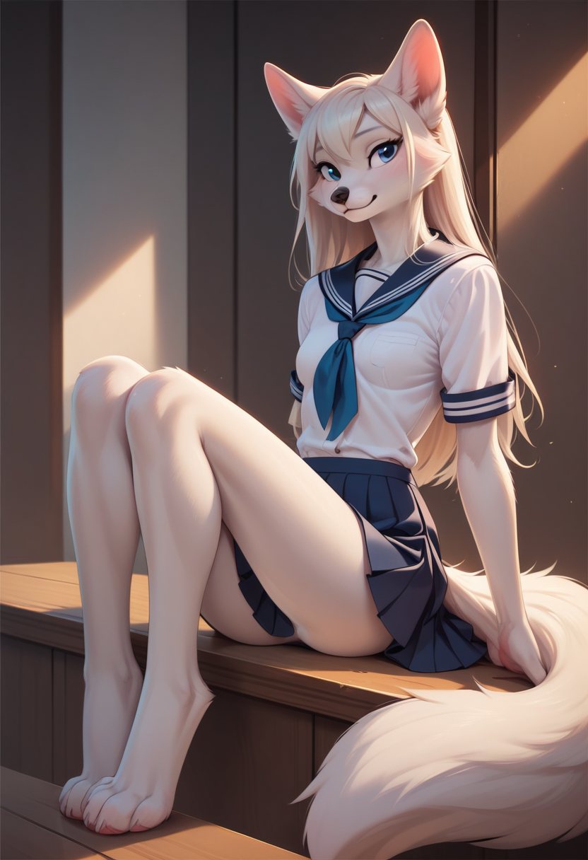 anthro blue_eyes bottomwear clothing female hair long_hair long_legs looking_at_viewer miniskirt paws school_uniform sitting skirt solo uniform foxlover7796 alice_(foxlover7796) arctic_fox canid canine fox mammal hi_res