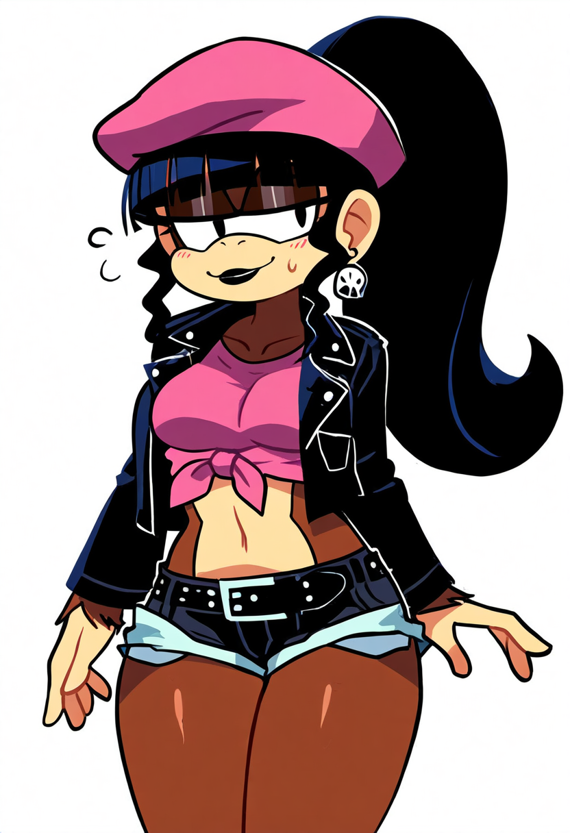 anthro beret black_clothing black_hair black_jacket black_lipstick black_topwear bottomwear clothing ear_piercing ear_ring female hair hat headgear headwear jacket lipstick makeup piercing pink_clothing pink_shirt pink_topwear ponytail ring_piercing shirt shorts simple_background solo topwear donkey_kong_(series) nintendo dixie_kong haplorhine mammal monkey primate hi_res