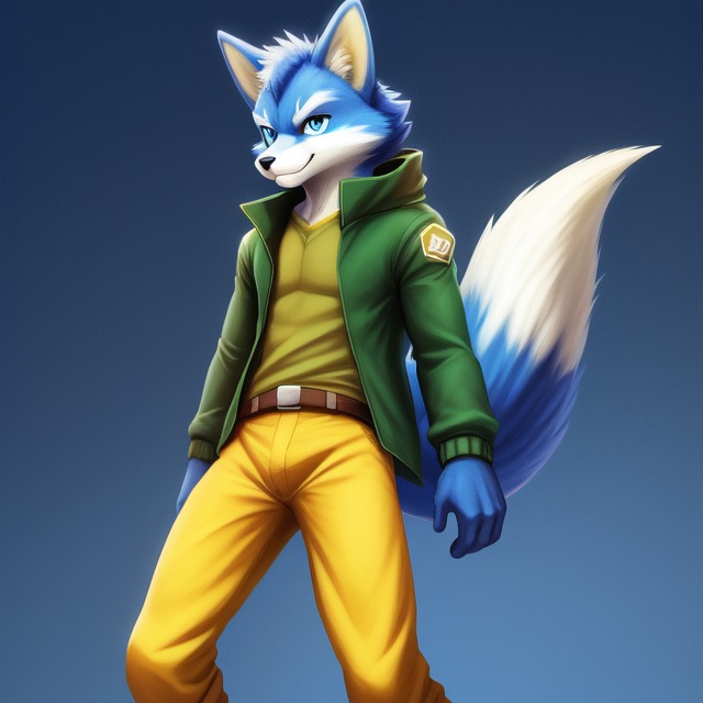 anthro belt black_nose blue_body blue_eyes blue_fur blue_hair bottomwear clothed clothing dipstick_tail frosting.ai fully_clothed fur gradient_background hair jacket male markings multicolored_body multicolored_fur multicolored_hair pants shirt simple_background smile smiling_at_viewer solo tail_markings topwear two_tone_body two_tone_fur two_tone_hair two_tone_tail white_body white_fur white_hair marcus_mccloud canid canine fox mammal