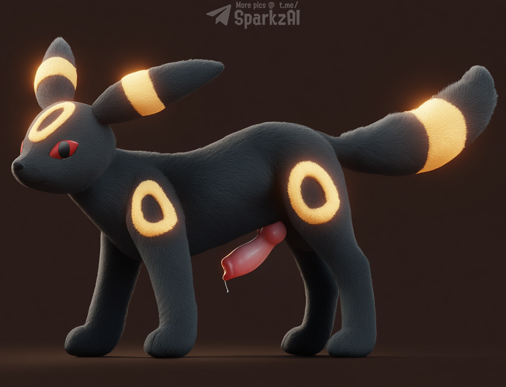 animal_genitalia animal_penis black_body black_fur bodily_fluids canine_genitalia canine_penis erection feral fur genital_fluids genitals glowing knot looking_at_viewer male markings penis plushie precum quadruped red_eyes simple_background solo text yellow_markings sergalbutt nintendo pokemon eeveelution generation_2_pokemon mammal pokemon_(species) umbreon signature url