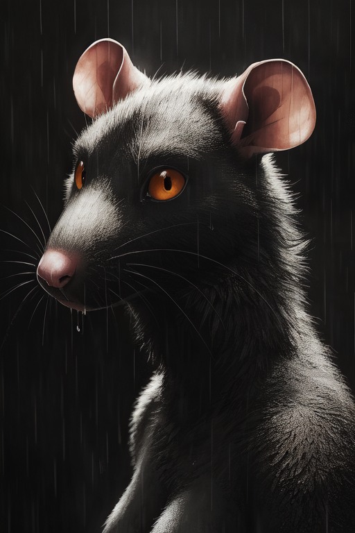 anthro black_background breasts dark_body dark_grey_fur dripping female light light_beam looking_at_viewer neck_tuft nude orange_eyes raining simple_background solo tuft wet wet_body whiskers mammal murid murine rat rodent bust_portrait portrait