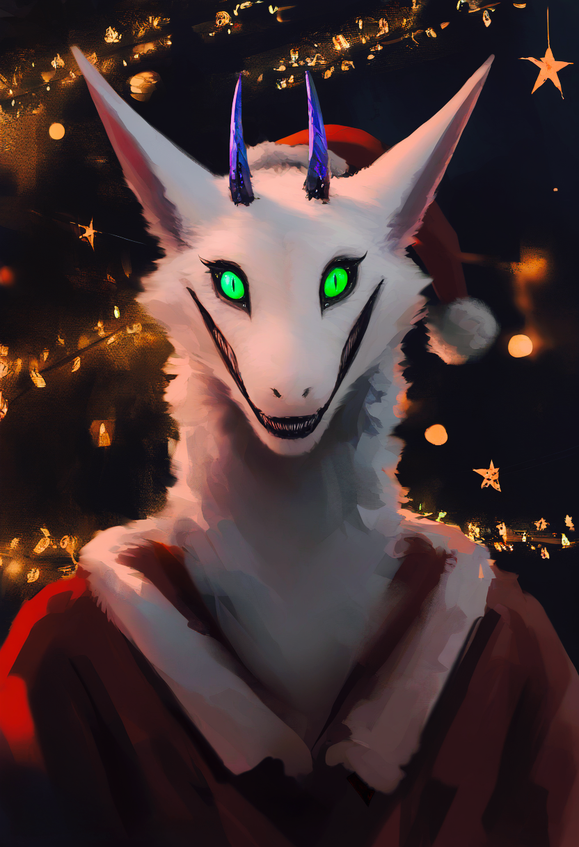 ambiguous_gender anthro blue_horn christmas_clothing christmas_headwear clothing fluffy fur green_sclera headgear headwear horn pupils slit_pupils solo teeth white_body white_fur wizardeus synx hi_res